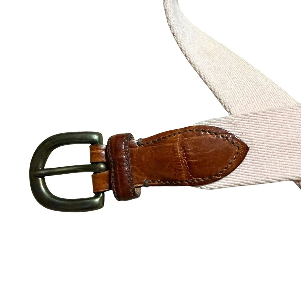 Faconnable Sellier Mens Canvas Leather Belt Cream Brown France Size 36 90